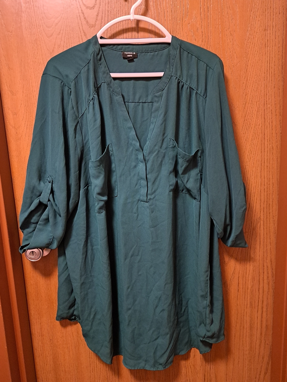 torrid Teal-Green V-Neck Tunic with Roll-Tab Sleeves